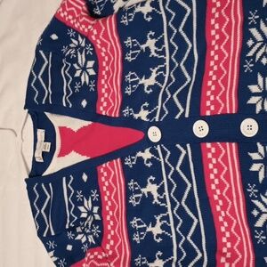 Festive Blue and Red Cardigan with Reindeer Pattern